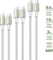 TYPE-C TO TYPE-C CABLES PREMIUMCORD 60W SET OF 3 PIECES 0.5M+1.5M+3M WHITE-SILVER 4SMARTS