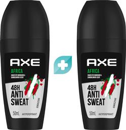 PROMO AFRICA ANTI SWEAT ANTIPERSPIRANT ROLL-ON 48H 2X50ML (1+1 ΔΩΡΟ),ΑΝΔΡΙΚΟ ΑΠΟΣΜΗΤΙΚΟ ROLL-ON ΜΕ ΑΝΤΙΙΔΡΩΤΙΚΗ ΠΡΟΣΤΑΣΙΑ & ΑΡΩΜΑ ΑΠΟ ΑΦΡΙΚΑΝΙΚΑ ΜΠΑΧΑΡΙΚΑ AXE