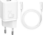 SUPER-SI QUICK CHARGER 1C 25W SET + MINI CABLE TYPE-C TO TYPE-C 3A 1M WHITE BASEUS