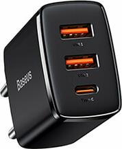 WALL COMPACT QUICK CHARGER 2XUSB + TYPE-C PD 3A 30W BLACK BASEUS