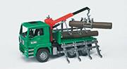 MAN TIMBER TRANSPORT TRUCK WITH LOADING CRANE AND 3 TREE TRUNKS BRUDER