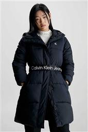 CK JEANS ΓΥΝΑΙΚΕΙΟ ΜΑΚΡΥ PUFFER ΜΠΟΥΦΑΝ ΜΕ ΚΟΥΚΟΥΛΑ, ΛΟΓΟΤΥΠΟ ΚΑΙ ΖΩΝΗ ΜΕ ΛΟΓΟΤΥΠΟ REGULAR FIT - J20J221894 ΜΑΥΡΟ CALVIN KLEIN JEANS