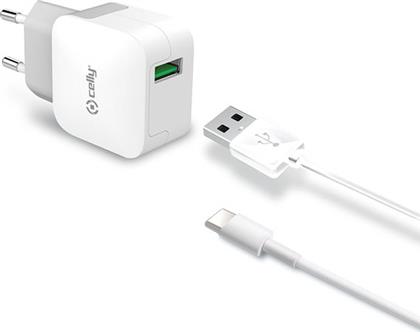 TRAVEL ADAPTER 2.4A KIT USB TYPE-C CABLE WHITE CELLY