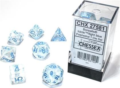 CHESSEX BOREALIS POLYHEDRAL ICICLE/LIGHT BLUE LUMINARY 7-DIE SET