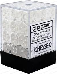 TRANSLUCENT 12MM D6 WITH PIPS DICE BLOCKS (36 DICE) - CLEAR W/WHITE CHESSEX