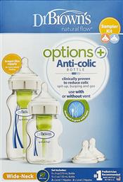 DR. BROWN'S PROMO OPTIONS+ ANTI-COLIC PLASTIC BOTTLE WIDE NECK 0M+ (1X270ML) & (1X150ML) & NATURAL FLOW LEVEL 1 & LEVEL 2 SILICONE TEAT (2X2ΤΕΜΑΧΙΑ) DR BROWNS