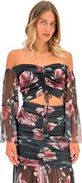 ΦΛΟΡΑΛ CROP TOP ΜΕ ΕΞΩ ΩΜΟΥΣ ΚΑΙ ΔΙΑΦΑΝΕΙΕΣ - ΜΠΟΡΝΤΟ EMPORIO GRAMA