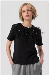 ΓΥΝΑΙΚΕΙΟ T-SHIRT ΜΕ ΣΧΕΔΙΟ ΑΠΟ ΣΤΡΑΣ ΚΑΙ ΦΤΕΡΑ REGULAR FIT - FS25WT3001J401Y6-053 ΜΑΥΡΟ FRACOMINA