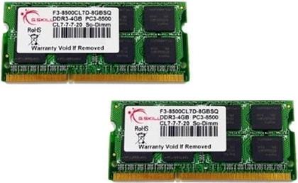 ΜΝΗΜΗ RAM SQ F3-8500CL7D-8GBSQ DDR3 8GB (2X4GB) 1066MHZ SODIMM ΓΙΑ LAPTOP GSKILL