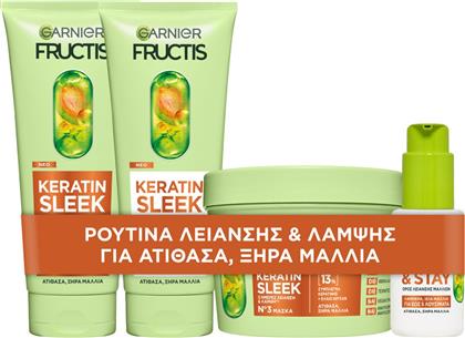 PROMO FRUCTIS KERATIN SLEEK SHAMPOO 200ML & CONDITIONER 200ML & KERATIN SLEEK & STAY SERUM 100ML & KERATIN SLEEK MASK 370ML GARNIER