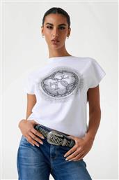 ΓΥΝΑΙΚΕΙΟ T-SHIRT ΜΕ ΑΝΑΓΛΥΦΟ ΛΟΓΟΤΥΠΟ ΑΠΟ ΣΤΡΑΣ SLIM FIT - W5YI14I3Z14 ΛΕΥΚΟ GUESS