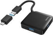 200116 USB HUB 4 PORTS USB 3.2 GEN 1 5 GBIT/S INCL. USB-C ADAPTER BLACK HAMA