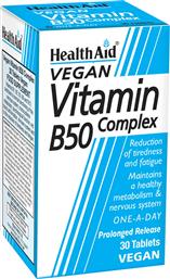 VEGAN VITAMIN B50 COMPLEX ΣΥΜΠΛΗΡΩΜΑ ΔΙΑΤΡΟΦΗΣ ΣΥΜΠΛΕΓΜΑΤΟΣ ΒΙΤΑΜΙΝΩΝ Β ΣΕ ΤΑΜΠΛΕΤΕΣ ΒΡΑΔΕΙΑΣ ΑΠΟΔΕΣΜΕΥΣΗΣ ΓΙΑ ΤΗ ΦΥΣΙΟΛΟΓΙΚΗ ΛΕΙΤΟΥΡΓΙΑ ΤΟΥ ΝΕΥΡΙΚΟΥ ΣΥΣΤΗΜΑΤΟΣ, ΕΝΕΡΓΕΙΑ ΚΑΤΑ ΤΗΣ ΚΟΠΩΣΗΣ & ΥΓΙΗ ΜΑΛΛΙΑ ΝΥΧΙΑ & ΔΕΡΜΑ 30TABS HEALTH AID