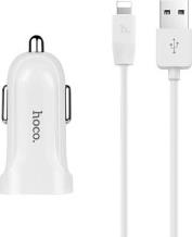 CAR CHARGER DOUBLE USB PORT 2.4A WITH LIGHTNING CABLE Z2A WHITE HOCO