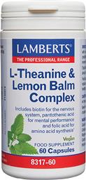 L-THEANINE & LEMON BALM COMPLEX 60CAPS,ΣΥΜΠΛΗΡΩΜΑ ΔΙΑΤΡΟΦΗΣ ΑΜΙΝΟΞΕΩΝ ΦΥΤΙΚΗΣ ΠΡΟΕΛΕΥΣΗΣ & ΕΚΧΥΛΙΣΜΑΤΟΣ ΜΕΛΙΣΣΟΧΟΡΤΟΥ ΓΙΑ ΠΝΕΥΜΑΤΙΚΗ ΔΙΑΥΓΕΙΑ & ΑΝΤΙΜΕΤΩΠΙΣΗ ΤΟΥ ΑΓΧΟΥΣ LAMBERTS