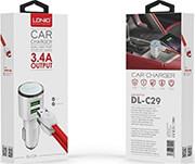 DL-C29 CAR CHARGER 2X USB 3.4A + MICRO USB CABLE (WHITE) LDNIO