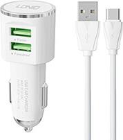 DL-C29 CAR CHARGER 2X USB 3.4A + USB-C CABLE (WHITE) LDNIO