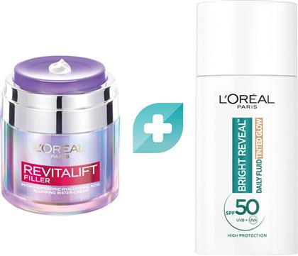 L'OREAL PARIS PROMO REVITALIFT FILLER HYALURONIC PLUMPING WATER-CREAM 50ML & BRIGHT REVEAL TINTED GLOW DAILY FLUID SPF50, 50ML LOREAL