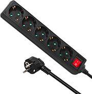 MCE226G POWER STRIP 5 SOCKETS EXTENSION CORD, WITH SWITCH, BLACK 3500W 1.4M MACLEAN