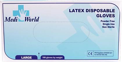 POWEDER FREE LATEX DISPOSABLE GLOVES ΓΑΝΤΙΑ LATEX ΧΩΡΙΣ ΠΟΥΔΡΑ ΜΙΑΣ ΧΡΗΣΗΣ, ΜΗ ΑΠΟΣΤΕΙΡΩΜΕΝΑ 100 ΤΕΜΑΧΙΑ - LARGE MEDI WORLD