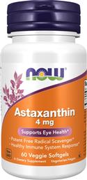 FOODS ASTAXANTHIN 4MG ΣΥΜΠΛΗΡΩΜΑ ΔΙΑΤΡΟΦΗΣ ΚΑΡΟΤΙΝΟΕΙΔΟΥΣ ΑΣΤΑΞΑΝΘΙΝΗΣ ΦΥΤΙΚΗΣ ΠΡΟΕΛΕΥΣΗΣ ΓΙΑ ΤΗΝ ΠΡΟΛΗΨΗ ΕΚΦΥΛΙΣΤΙΚΩΝ ΠΑΘΗΣΕΩΝ ΤΩΝ ΜΑΤΙΩΝ ΜΕ ΙΣΧΥΡΕΣ ΑΝΤΙΟΞΕΙΔΩΤΙΚΕΣ ΙΔΙΟΤΗΤΕΣ 60 VEG.SOFTGELS NOW