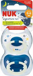 SIGNATURE NIGHT SILICONE SOOTHER 0-6M ΟΡΘΟΔΟΝΤΙΚΗ ΠΙΠΙΛΑ ΣΙΛΙΚΟΝΗΣ ΜΕ ΚΡΙΚΟ ΠΟΥ ΛΑΜΠΕΙ ΣΤΟ ΣΚΟΤΑΔΙ 2 ΤΕΜΑΧΙΑ - ΜΠΛΕ NUK