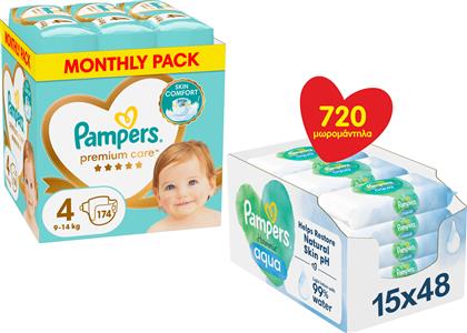 ΠΑΝΕΣ PAMPERS PREMIUM CARE ΜΕΓΕΘΟΣ 4 (174ΤΕΜ) & ΜΩΡΟΜΑΝΤΗΛΑ AQUA HARMONIE PAMPERS (15X48ΤΕΜ) P&G