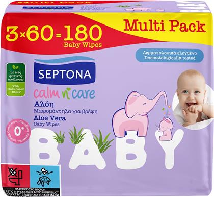 BABY CALM N' CARE ALOE BABY WIPES ΑΠΑΛΑ ΒΡΕΦΙΚΑ ΜΩΡΟΜΑΝΤΗΛΑ ΜΕ ΑΛΟΗ ΓΙΑ ΚΑΘΗΜΕΡΙΝΗ ΠΕΡΙΠΟΙΗΣΗ & ΕΝΥΔΑΤΩΜΕΝΗ ΕΠΙΔΕΡΜΙΔΑ 180 ΤΕΜΑΧΙΑ (3X60 ΤΕΜΑΧΙΑ) SEPTONA