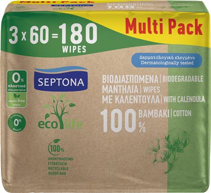 MULTI PACK ECOLIFE BABY WIPES ΒΡΕΦΙΚΑ ΒΙΟΔΙΑΣΠΩΜΕΝΑ ΜΩΡΟΜΑΝΤΗΛΑ ΜΕ ΚΑΛΕΝΤΟΥΛΑ ΑΠΟ 100% ΒΑΜΒΑΚΙ 180 ΤΕΜΑΧΙΑ (3X60 ΤΕΜΑΧΙΑ) SEPTONA