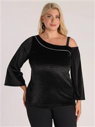 ΒΕΛΟΥΤΕ ΜΠΛΟΥΖΑ ΜΕ ΕΝΑΝ ΩΜΟ ΕΞΩ PLUS SIZE - ΜΑΥΡΟ SILKY