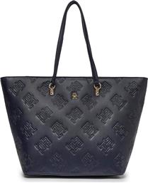 ΓΥΝΑΙΚΕΙΑ ΤΣΑΝΤΑ TOTE FAUX LEATHER ΜΕ ALL-OVER ΑΝΑΓΛΥΦΟ MONOGRAM LOGO - AW0AW15726 ΣΚΟΥΡΟ ΜΠΛΕ TOMMY HILFIGER