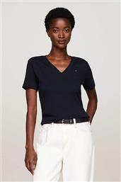ΓΥΝΑΙΚΕΙΟ T-SHIRT ΜΕ V ΛΑΙΜΟΚΟΨΗ ΚΑΙ ΚΕΝΤΗΜΕΝΟ ΛΟΓΟΤΥΠΟ SLIM FIT - WW0WW40584 ΣΚΟΥΡΟ ΜΠΛΕ TOMMY HILFIGER