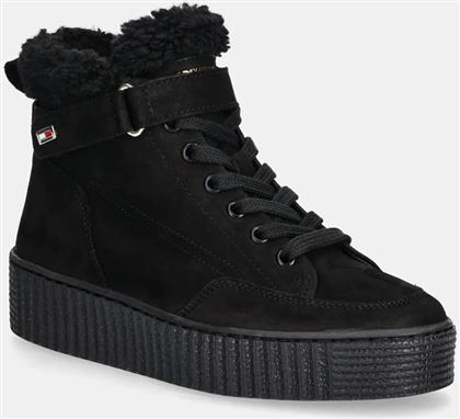 ΣΟΥΕΤ ΜΠΟΤΕΣ FAUX FUR NUBUCK LOW LACE-UP ΧΡΩΜΑ: ΜΑΥΡΟ, FW0FW08172 TOMMY HILFIGER