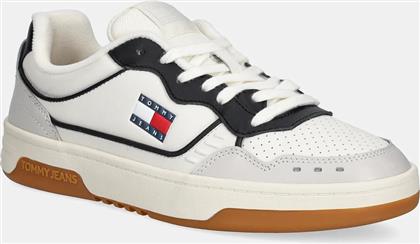 ΔΕΡΜΑΤΙΝΑ ΑΘΛΗΤΙΚΑ ΠΑΠΟΥΤΣΙΑ TJM CUPSOLE ELEVATED LEATHER ΧΡΩΜΑ: ΑΣΠΡΟ, EM0EM01585 TOMMY JEANS