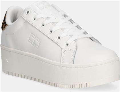 ΔΕΡΜΑΤΙΝΑ ΑΘΛΗΤΙΚΑ ΠΑΠΟΥΤΣΙΑ TJW FLATFORM LEOPARD SNEAKER ΧΡΩΜΑ: ΑΣΠΡΟ, EN0EN02930 TOMMY JEANS