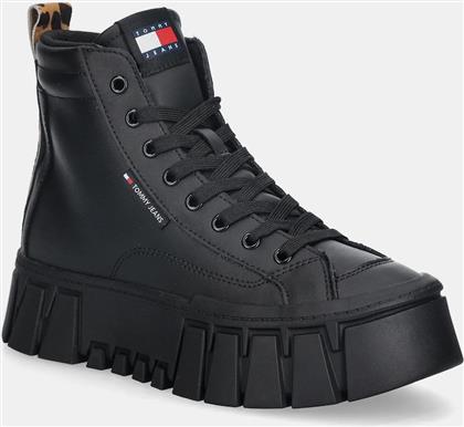 ΔΕΡΜΑΤΙΝΑ ΑΘΛΗΤΙΚΑ ΠΑΠΟΥΤΣΙΑ TJW VULC FLATFORM LEOPARD ΧΡΩΜΑ: ΜΑΥΡΟ, EN0EN02858 TOMMY JEANS