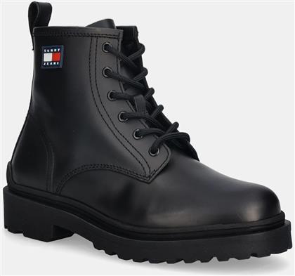 ΔΕΡΜΑΤΙΝΑ ΠΑΠΟΥΤΣΙΑ TJM LACE UP RUBBERIZED ΑΝΔΡΙΚΑ, ΧΡΩΜΑ: ΜΑΥΡΟ, EM0EM01628 TOMMY JEANS