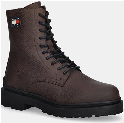 ΔΕΡΜΑΤΙΝΑ ΠΑΠΟΥΤΣΙΑ TJM LACE UP TUMBLED HIGH ΑΝΔΡΙΚΑ, ΧΡΩΜΑ: ΚΑΦΕ, EM0EM01631 TOMMY JEANS