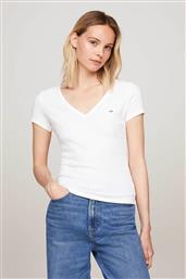 ΓΥΝΑΙΚΕΙΟ T-SHIRT ΜΟΝΟΧΡΩΜΟ RIBBED ΜΕ V ΚΑΙ ΚΕΝΤΗΜΕΝΟ ΛΟΓΟΤΥΠΟ SLIM FIT - DW0DW17385 ΕΚΡΟΥ TOMMY JEANS