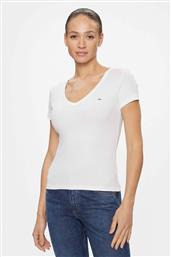 ΓΥΝΑΙΚΕΙΟ T-SHIRT ΜΟΝΟΧΡΩΜΟ RIBBED ΜΕ V ΚΑΙ ΚΕΝΤΗΜΕΝΟ ΛΟΓΟΤΥΠΟ SLIM FIT - DW0DW17385 ΛΕΥΚΟ TOMMY JEANS