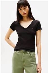 ΓΥΝΑΙΚΕΙΟ T-SHIRT ΜΟΝΟΧΡΩΜΟ RIBBED ΜΕ V ΚΑΙ ΚΕΝΤΗΜΕΝΟ ΛΟΓΟΤΥΠΟ SLIM FIT - DW0DW17385 ΜΑΥΡΟ TOMMY JEANS