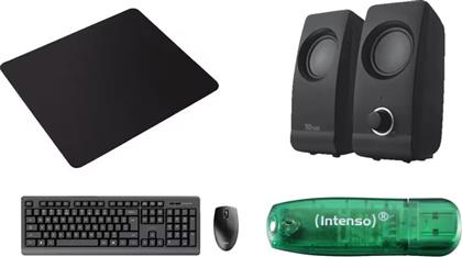 BUNDLE DESKTOP PRIMO ΑΣΥΡΜΑΤΟ ΠΛΗΚΤΡΟΛΟΓΙΟ/ΠΟΝΤΙΚΙ ΣΕΤ - ΜΑΥΡΟ (US) + ΗΧΕΙΑ 2.0 REMO 8W - ΜΑΥΡΟ + INTENSO RAINBOW LINE 8GB USB 2.0 STICK ΠΡΑΣΙΝΟ + NOD MAT COMPACT MOUSE PAD 220MM ΜΑΥΡΟ TRUST
