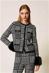 ΓΥΝΑΙΚΕΙΟ ΣΑΚΑΚΙ ΜΕ PIED-DE-COQ PATTERN ΚΑΙ ΜΑΝΙΚΙΑ ΜΕ ΑΦΑΙΡΟΥΜΕΝΗ FAUX ΓΟΥΝΑ LOOSE FIT - 252TT3040 ΑΣΠΡΟΜΑΥΡΟ TWINSET