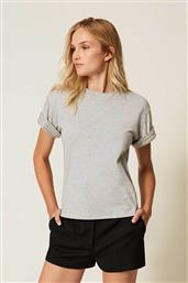 ΓΥΝΑΙΚΕΙΟ T-SHIRT ΜΕ ΠΕΡΛΕΣ ΚΑΙ ΠΕΤΡΕΣ ΣΤΑ ΜΑΝΙΚΙΑ - 252LI2MLL ΓΚΡΙ TWINSET