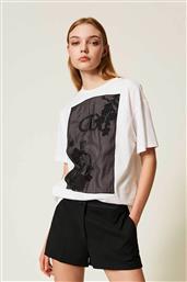 ΓΥΝΑΙΚΕΙΟ T-SHIRT OVERSIZED ΜΕ ΑΝΑΓΛΥΦΟ ΚΕΝΤΗΜΑ - 252TP2053 ΛΕΥΚΟ TWINSET