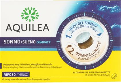 AQUILEA SUENO COMPACT ΣΥΜΠΛΗΡΩΜΑ ΔΙΑΤΡΟΦΗΣ ΜΕ ΜΕΛΑΤΟΝΙΝΗ & ΕΚΧΥΛΙΣΜΑΤΑ ΒΑΛΕΡΙΑΝΑΣ, ΠΑΣΙΦΛΟΡΑΣ & ΠΑΠΑΡΟΥΝΑΣ ΤΗΣ ΚΑΛΙΦΟΡΝΙΑΣ, ΓΙΑ ΓΡΗΓΟΡΗ ΕΝΑΡΞΗ & ΜΕΓΑΛΥΤΕΡΗ ΔΙΑΡΚΕΙΑ ΤΟΥ ΥΠΝΟΥ 30TABS URIACH