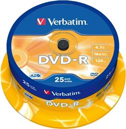 DVD-R 4,7GB 16X - SPINDLE 25 ΤΕΜ - ΜΕΣΟ ΑΠΟΘΗΚΕΥΣΗΣ VERBATIM