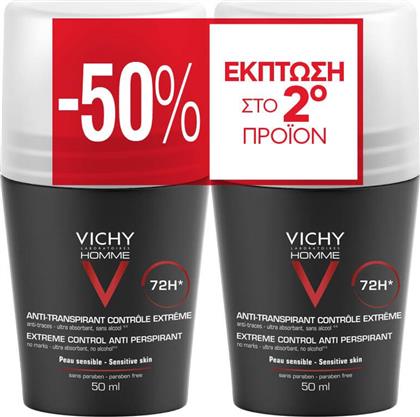 PROMO HOMME 72H EXTREME CONTROL ANTIPERSPIRANT ROLL-ON ΑΝΔΡΙΚΟ ΑΠΟΣΜΗΤΙΚΟ, ΑΝΤΙΙΔΡΩΤΙΚΟ ROLL-ON ΓΙΑ ΠΡΟΣΤΑΣΙΑ ΕΩΣ & 72 ΩΡΕΣ ΑΠΟ ΤΗΝ ΕΝΤΟΝΗ ΕΦΙΔΡΩΣΗ 2X50ML VICHY