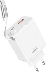 WALL CHARGER CE31 1X USB 1X USB-C 30W WHITE WITH RETRACTABLE USB-C CABLE XO