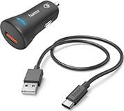 201615 CAR FAST CHARGER WITH USB-C CHARGING CABLE, QC, 19.5 W, 1.5 M, BLACK HAMA